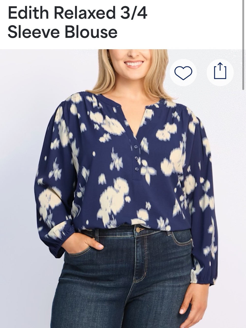 Edith Relaxed 3/4 Sleeve Blouse - Navy Floral